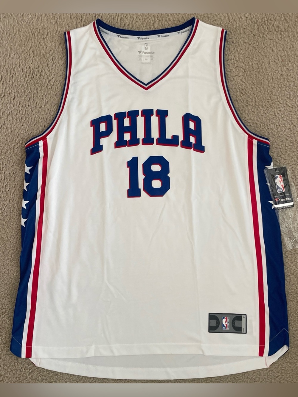 Fanatics PHILA White Basketball Jersey - Blue/Red Number 18 size xl
